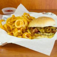 Brick Burger · Cheddar cheese, jalapenos, bacon,ranch