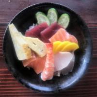 Chirashi Basic · assorted sashimi over sushi rice tuna (1-2 pc/1 oz), salmon (2-3pc/1.5 oz), yellowtail (1-2 ...