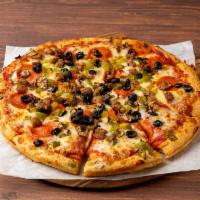House Special Pizza · Pepperoni, beef, mushrooms, olives, green peppers with homemade red sauce and mozzarella che...