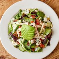 Beverly Hills Cobb · Chicken, avocado, bacon, Fourme d'Ambert, cucumber, with greens and smoked tea vinaigrette