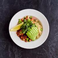 Quinoa & Avocado · Organic quinoa, fresh herbs, chickpeas, cucumber & tomato salad, house basil vinaigrette