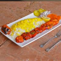 28. Boneless Chicken Kabob · Skewered charbroiled marinated skinless boneless chicken served with broiled tomato, vegetab...