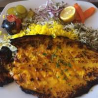 37. Rainbow Trout Grilled · Fried or barbecue trout. Served with broiled tomato, vegetables and special basmati rice wit...