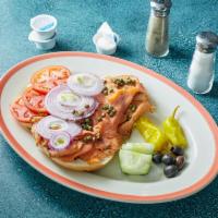 Lox and Bagel Platter · Nova Lox, Cream cheese, lettuce, tomatoes and red onions.