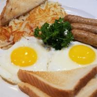 2 Eggs with Turkey Sausage · Served with toast and hash brown potatoes.