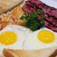2 Eggs with Turkey Bacon · Served with toast and hash brown potatoes.