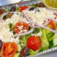 Greek Salad · Romaine, grape tomatoes, olives, red onions, cucumbers, feta and lemon vinaigrette. Gluten f...