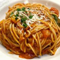 Spaghettini Pomodoro · Roasted tomato sauce, garlic, basil and breadcrumbs. Add tuscan meatballs for an additional ...