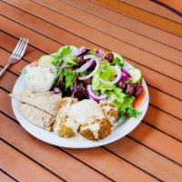 4. Mediterranean Plate · Hummus, falafel, mixed greens, tomato, red onion, cucumbers, olives and feta cheese and serv...