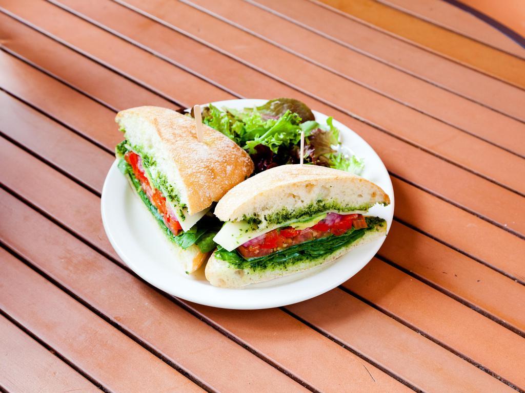 2. Chicken and Pesto Sandwich · Grilled chicken, provolone cheese, pesto sauce, roasted red pepper and caramelized onion.
