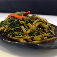V3. Kang Kung Balacan (Seasonal) · Sauteed water spinach w.spicy shrimp paste.