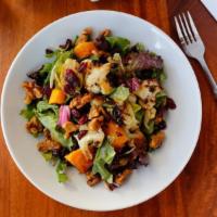 Roasted Vegetable Salad · Organic spring mix, dried cranberries, cauliflower,  butternut squash, Brussels sprouts, can...