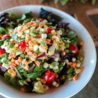 Vegetable Salad · Organic spring mix, carrots, asparagus, cucumbers, corn, tomatoes, avocado, zucchini, Parmes...