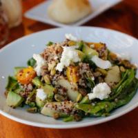 Quinoa, Beet and Arugula Salad · Golden beets, avocado, goat cheese, Fuji apples, pistachios and red wine vinaigrette. Gluten...