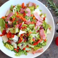 Italian Chopped Salad · Pepperoni, soppressata, smoked mozzarella, pepperoncini,  Kalamata olives, yellow tomatoes, ...