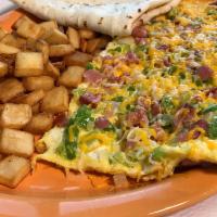 Denver Omelette Platter Breakfast · 4 eggs omelette. Ham, bell pepper, onion, cheese. Comes with pan-fried potatoes and choice o...
