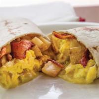 Build Your Own Burrito Breakfast · Includes eggs, potatoes, cheddar/jack cheese blend, and your choice of meat, and your choice...