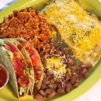Combination Platter · 2 green chile chicken enchiladas, 2 crispy, seasoned ground beef tacos, choice chile. Comes ...