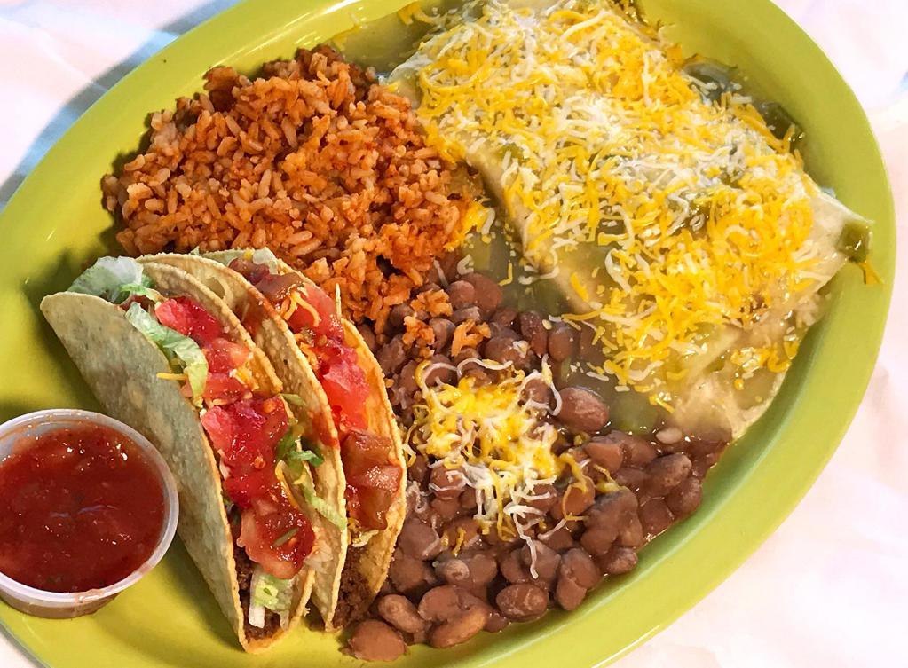 Combination Platter · 2 green chile chicken enchiladas, 2 crispy, seasoned ground beef tacos, choice chile. Comes with salsa. Served with rice and beans. 1120-1140 calories.