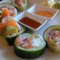 Summer time Roll · RICE-LESS ROLL. Tuna, Salmon, Albacore, Crab & Avocado All Wrapped with Cucumber. Served w/P...
