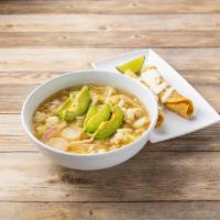 Pozole · Chicken stock served with hominy, shredded chicken, cabbage, radish, onions and avocado. Ser...