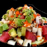 Ahi Poki 寿司部 · Cubes of fresh tuna, avocado, onion, masago and cucumber, finished with Japanese sauce and s...
