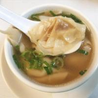 Wonton Soup 云吞汤 · Dumplings stuffed with ground pork in chicken broth base with scallion.