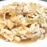 Ginger & Scallion Chicken 姜葱鸡 · White meat chicken sautéed in light brown sauce with fresh ginger and scallion on bed of ste...