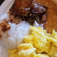Adobosilog · Chicken adobo. Served with  2 eggs and scoop of garlic rice.
