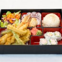 BB2. Shrimp and Vegetable Tempura Bento Box · 2 pieces shrimp and vegetable tempura. Served with house salad with ginger dressing, miso so...