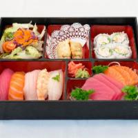 BB4. Sushi and Sashimi Bento Box · Served with chef's choice of 5 pieces sushi and 6 pieces sashimi. Served with house salad wi...