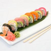 TR20. Rainbow Roll · Tuna, white tuna, salmon, red snapper, boiled shrimp and avocado on California roll.