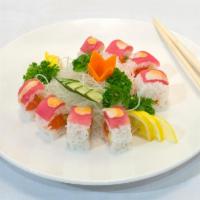 SR9. Cherry Blossom Roll · Tuna with spicy mayo and wasabi sauce on salmon, avocado wrapped with soy paper.