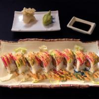 12. Rockies Roll Chef's Special · 8 pieces. Spicy tuna inside, tuna and avocado outside and spicy mayo on topped. Raw.