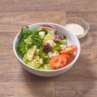 Greek Salad · Romaine lettuce, red onion, tomatoes, cucumber, carrots, kalamata olives, green peppers, pep...
