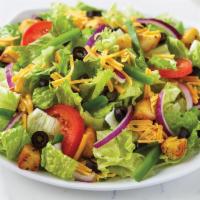 Garden Salad · Lettuce with cheddar, black olives, red onions, green peppers, sliced tomatoes, and croutons...