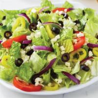 Regular Greek Salad · Lettuce, feta cheese crumbles, black olives, sliced tomatoes, red onions and banana peppers.