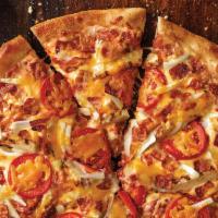 Chicken Fresco Pizza · Grilled chicken, bacon, onions, sliced tomatoes, our original sauce and signature three chee...
