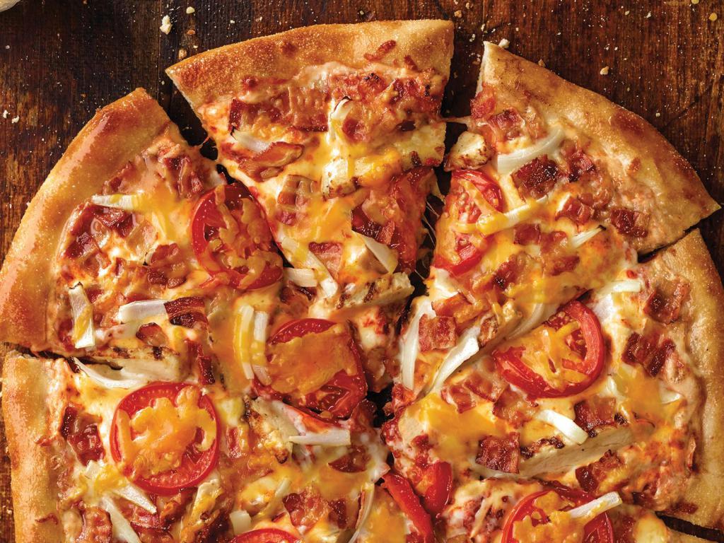 Original Crust Chicken Fresco Pizza · Grilled chicken, bacon, onions, sliced tomatoes, our original sauce and signature three cheeses, plus cheddar.