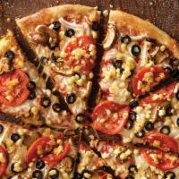 Garden Pizza Original Crust · Mushrooms, black olives, onions, sliced tomatoes, our signature sauce and three-cheese blend...