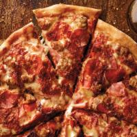 All Meat Pizza · Pepperoni, ham, Italian sausage, bacon, our original sauce and signature three cheeses.