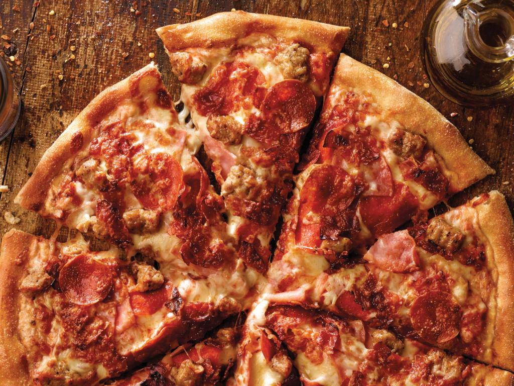 All Meat Pizza · Pepperoni, ham, Italian sausage, bacon, our original sauce, and three fresh signature cheeses.