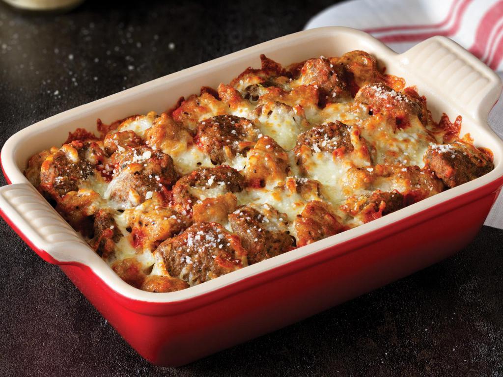 Meatball Bake · Served 2. Marco's meatballs and sausage baked with our original sauce and signature 3 cheeses.