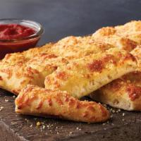 CheezyBread · Fresh-baked bread strips with 3-cheese blend and garlic butter. Served with a side of pizza ...