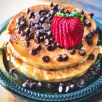 3 Chocolate Chip Pancakes · 3 Fluffy, Golden Pancakes topped with chocolate chips. Comes with butter and two 2oz syrups. 
