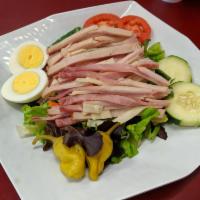 Chef Salad · Lettuce, meat, eggs, and vegetables.