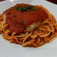 Chicken Parmigiana Pasta · Spaghetti marinara, made or covered with Parmesan cheese. 