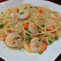 Angel Hair Scampi · With shrimp or chicken. Angel hair pasta tossed with olive oil, garlic, peas and carrots. In...