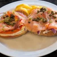 4. Wild N.Y Bagel and Lox · Freshly toasted NY bagel, wild smoked salmon, cream cheese, tomato, red onion, capers, dill,...