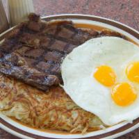 Jim's Famous Marinated Steak and Eggs · Served with 3 eggs, hash browns and toast. 
Let us know what kind of bread you want for the ...